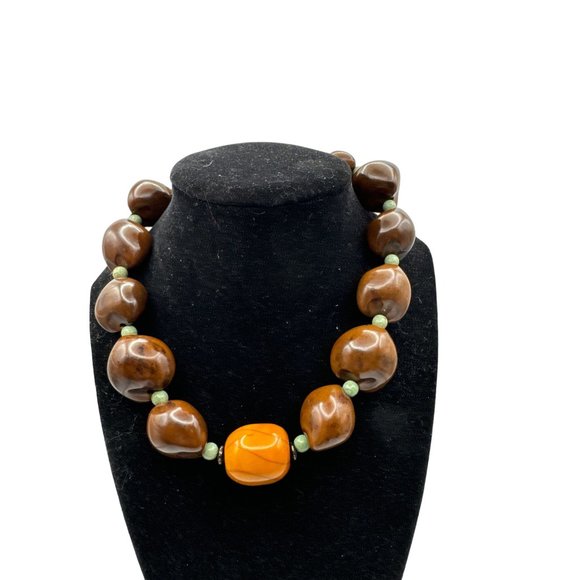 Brown and Orange Beaded Necklace with Green Spacer Beads 16 inch - Picture 1 of 7